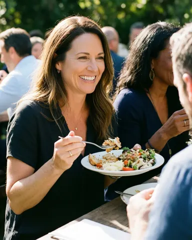 A smiling woman enjoys a meal outdoors at a party with friends under natural light with greenery in the background