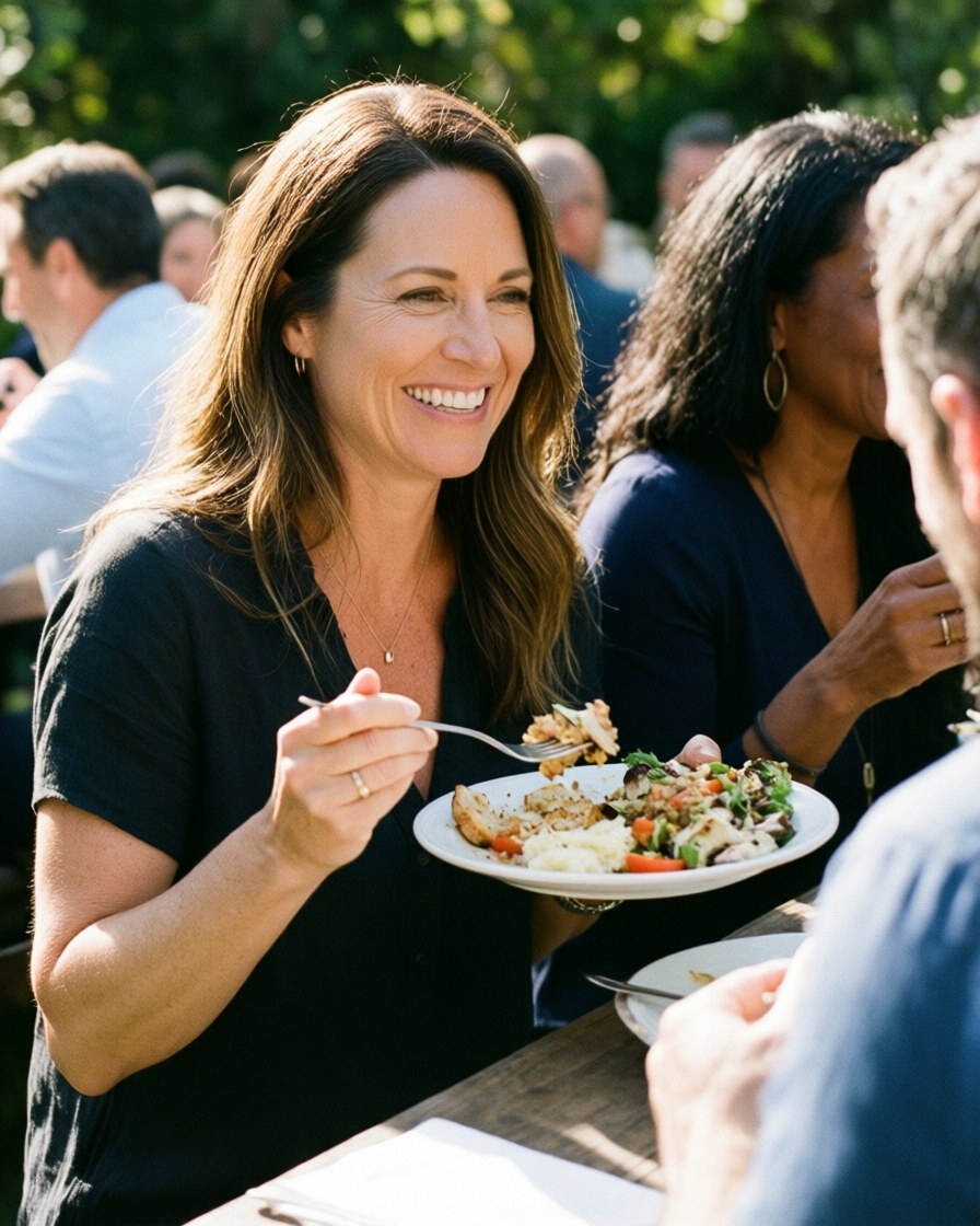 A smiling woman enjoys a meal outdoors at a party with friends under natural light with greenery in the background