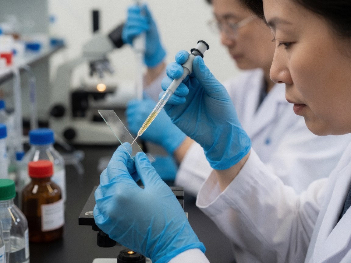 Close-up of gloved hands manipulating a pipette and microscope slide in a clinical laboratory setting with blurred equipment in the background