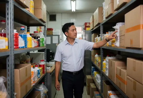 An Asian manager reviews inventory in a fast food warehouse surrounded by shelves with boxes and products