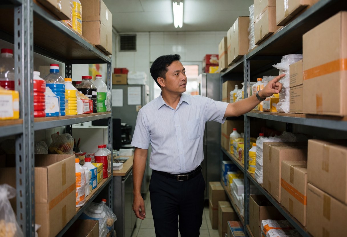 An Asian manager reviews inventory in a fast food warehouse surrounded by shelves with boxes and products