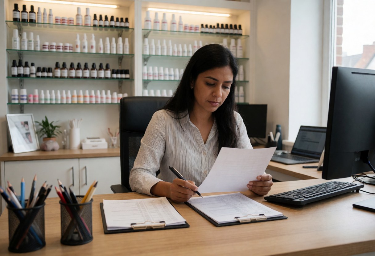 A woman reviews inventory lists at her desk with nail product shelves in the background