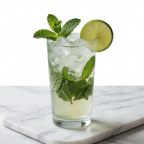Classic mojito with ice, lime, and fresh mint in a tall glass on white marble