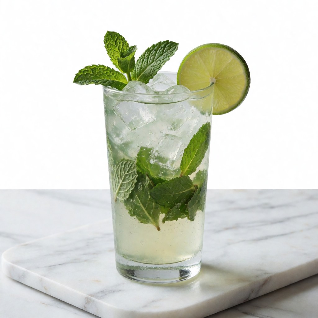 Classic mojito with ice, lime, and fresh mint in a tall glass on white marble