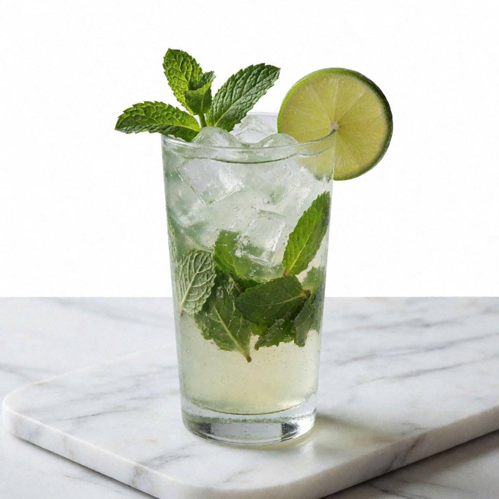 Classic mojito with ice, lime, and fresh mint in a tall glass on white marble