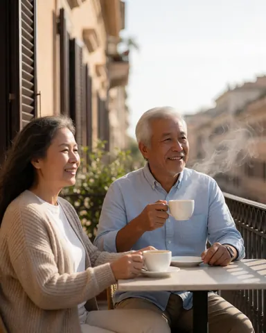 An older couple smiles while drinking coffee on a terrace with warm afternoon light and historic buildings in the background