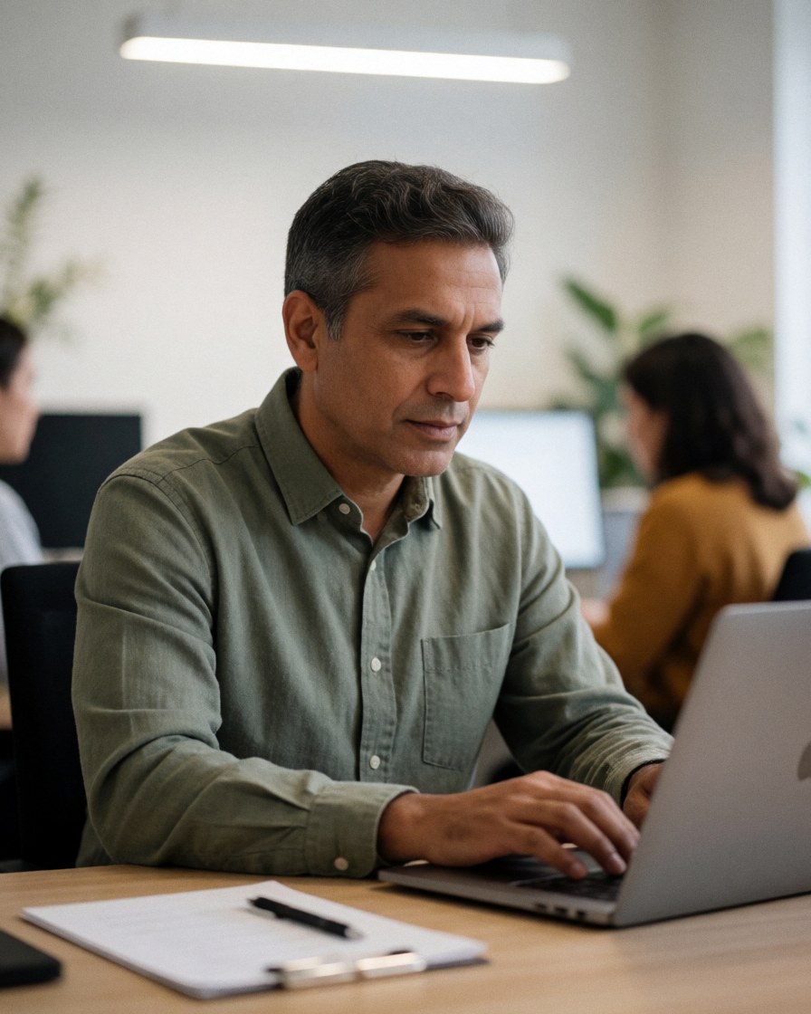 Middle-aged man using a laptop in a professional office with plants and natural light
