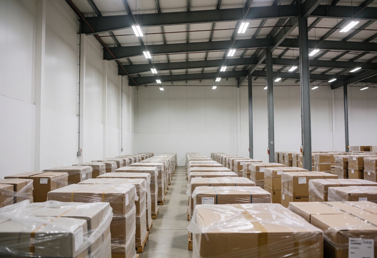 Spacious modern furniture warehouse with packed boxes on pallets, industrial lighting, and white walls