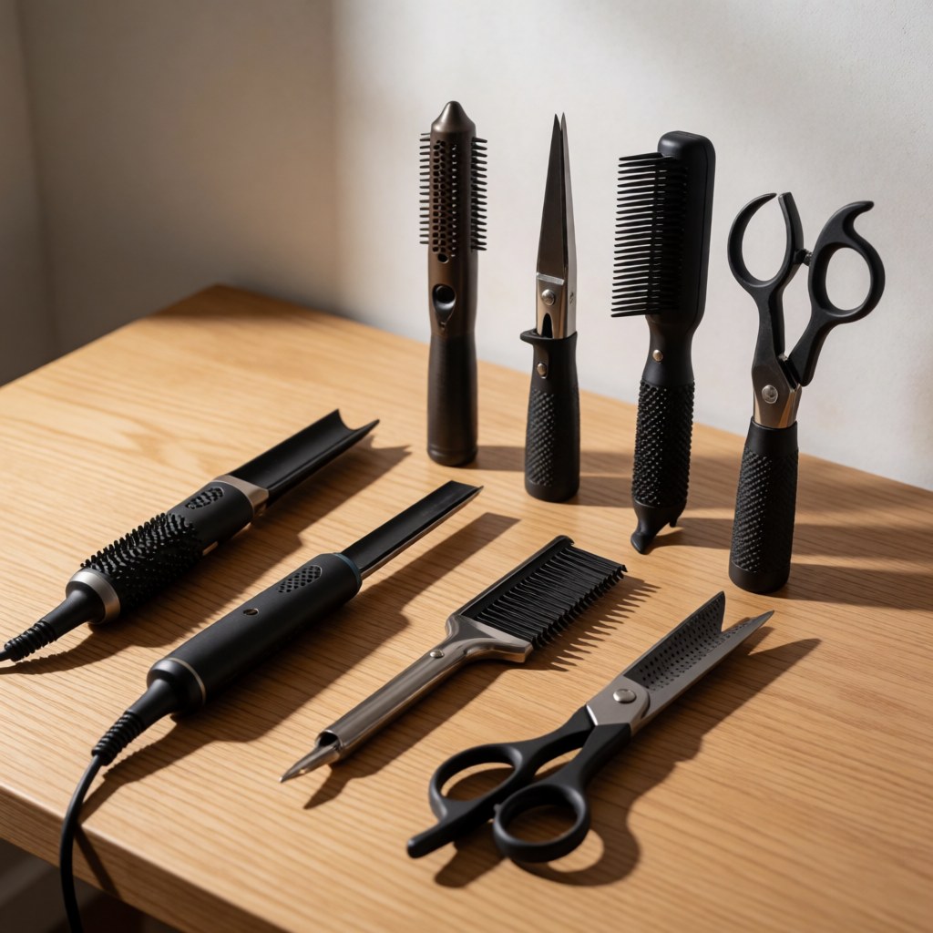 Set of professional hairdressing tools arranged on a light wooden table with natural lighting and soft shadows