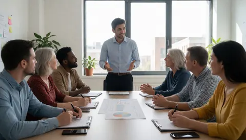 Diverse marketing team discussing strategies around a table with charts in a modern office with windows