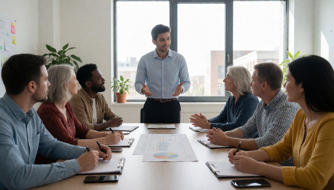 Diverse marketing team discussing strategies around a table with charts in a modern office with windows