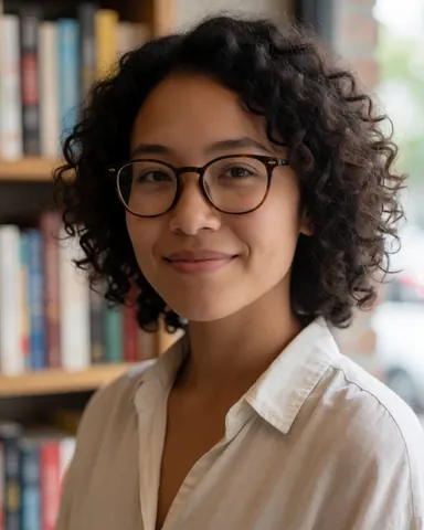 A young woman wearing glasses smiles warmly in a bookstore surrounded by bookshelves with natural light.