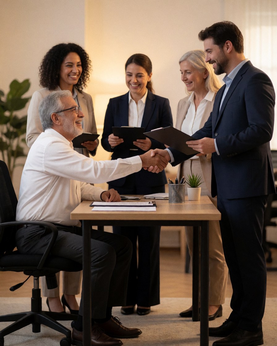 Smiling older man signs an accounting contract with a professional accountant while colleagues watch in a modern office.