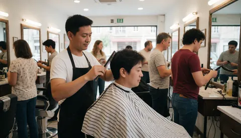 Asian barber cutting client hair in warm professional salon with mirrors and other customers visible in background
