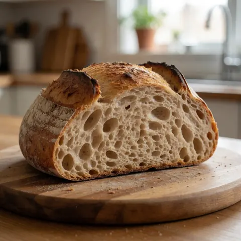 Sliced loaf of artisan bread resting on a wooden cutting board with visible grain texture and natural lighting