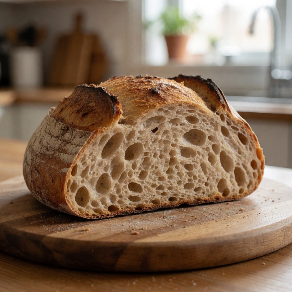 Sliced loaf of artisan bread resting on a wooden cutting board with visible grain texture and natural lighting