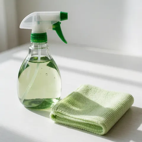 A bottle of cleaning spray and a microfiber cloth placed on a white table with natural light for cleaning shiny surfaces
