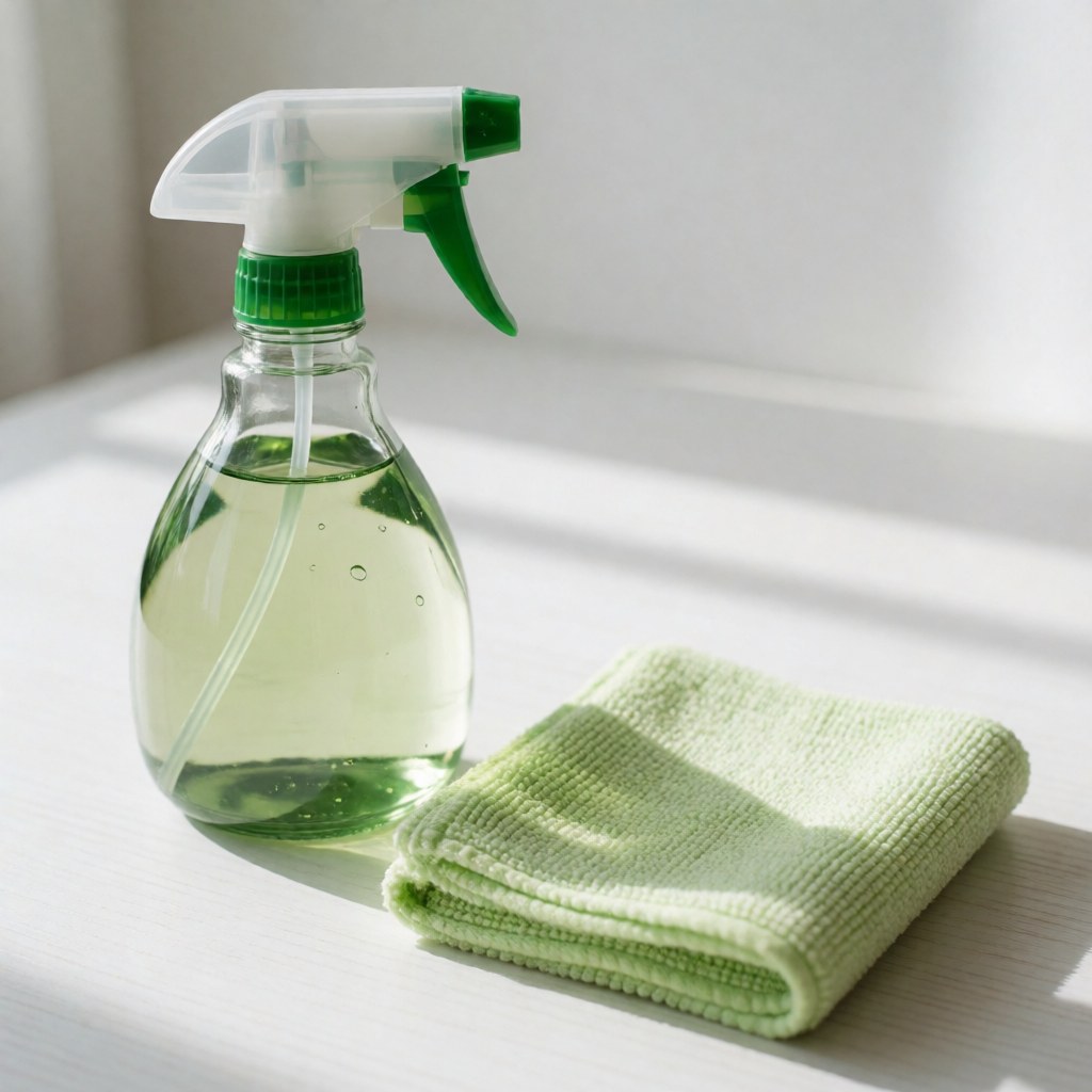 A bottle of cleaning spray and a microfiber cloth placed on a white table with natural light for cleaning shiny surfaces