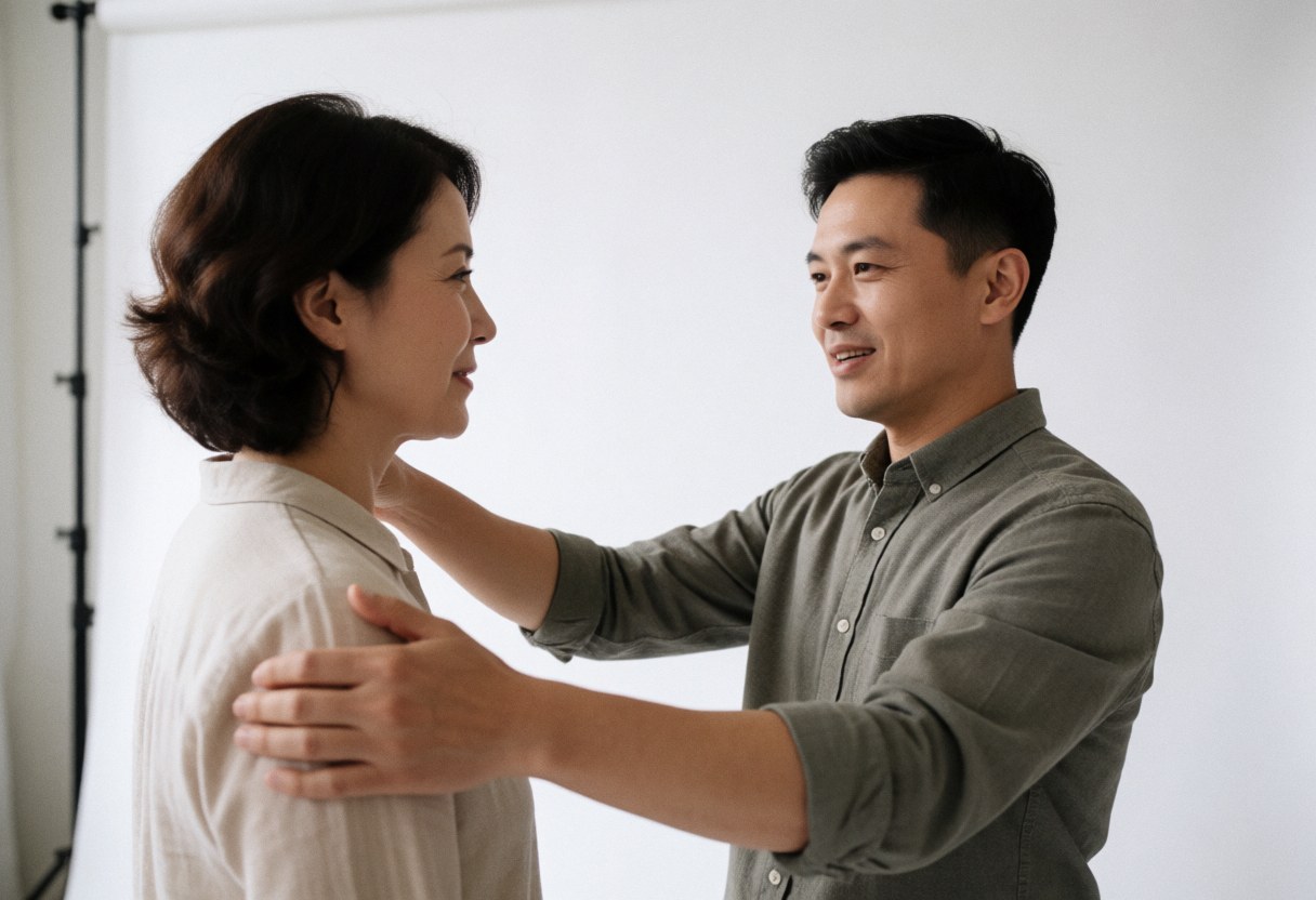 A photographer guides a model during a photoshoot with a white background, using friendly and natural gestures.