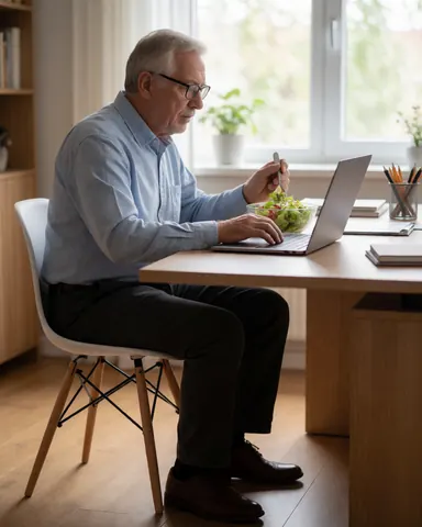 An older man wearing glasses eats a salad while working on his laptop in a home office with natural light.