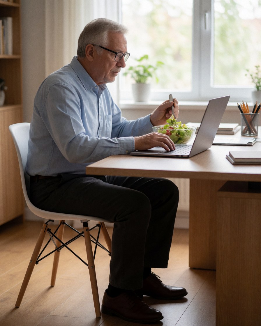 An older man wearing glasses eats a salad while working on his laptop in a home office with natural light.