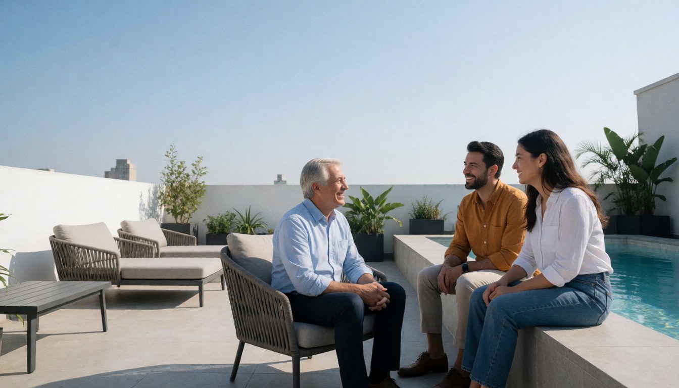 Three people talking happily on a hotel terrace with a pool, modern furniture, and a city view
