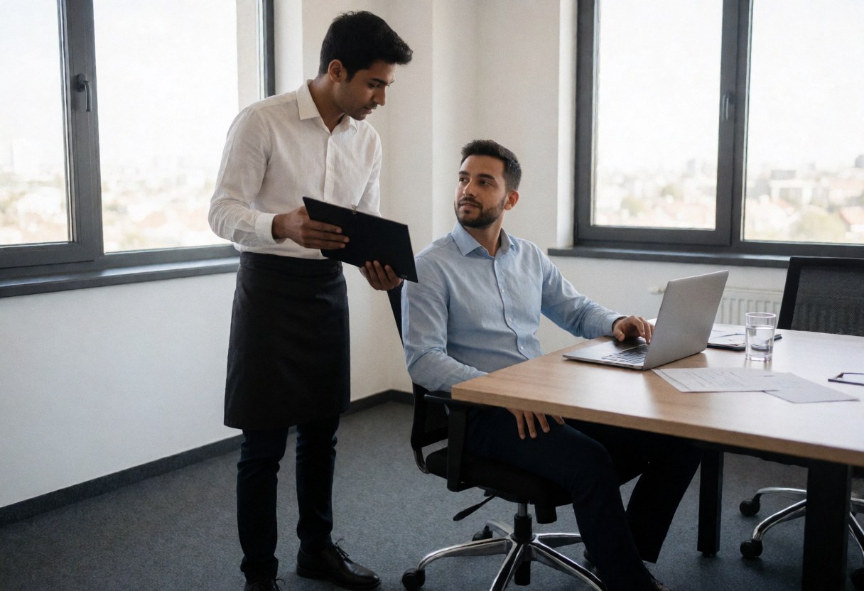 Young waiter in apron explains menu choices to a client seated at a corporate office desk with a laptop near windows