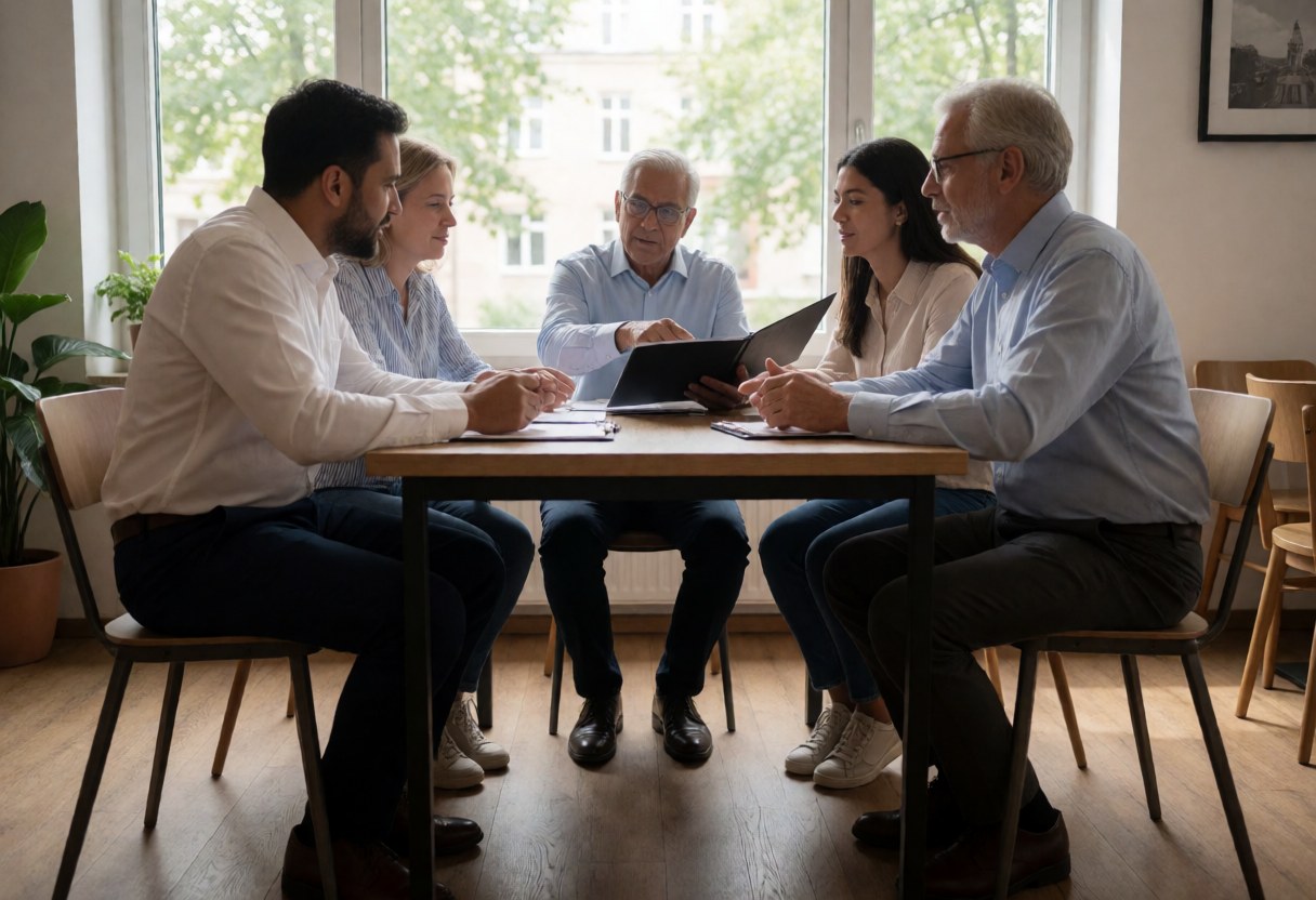 A travel agent explains a detailed itinerary to seated clients at a wooden desk in a bright office.