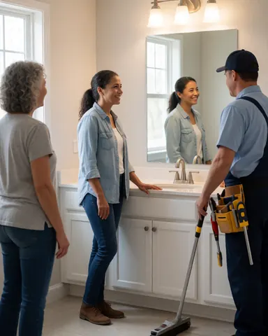 A smiling woman looks at a new sink while a plumber with tools watches nearby in a bright modern bathroom.