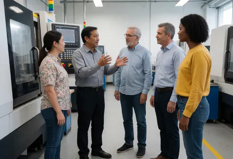 Group of adults in a factory, one explains with gestures in front of industrial machinery, others listen attentively in a clean and well-lit environment.
