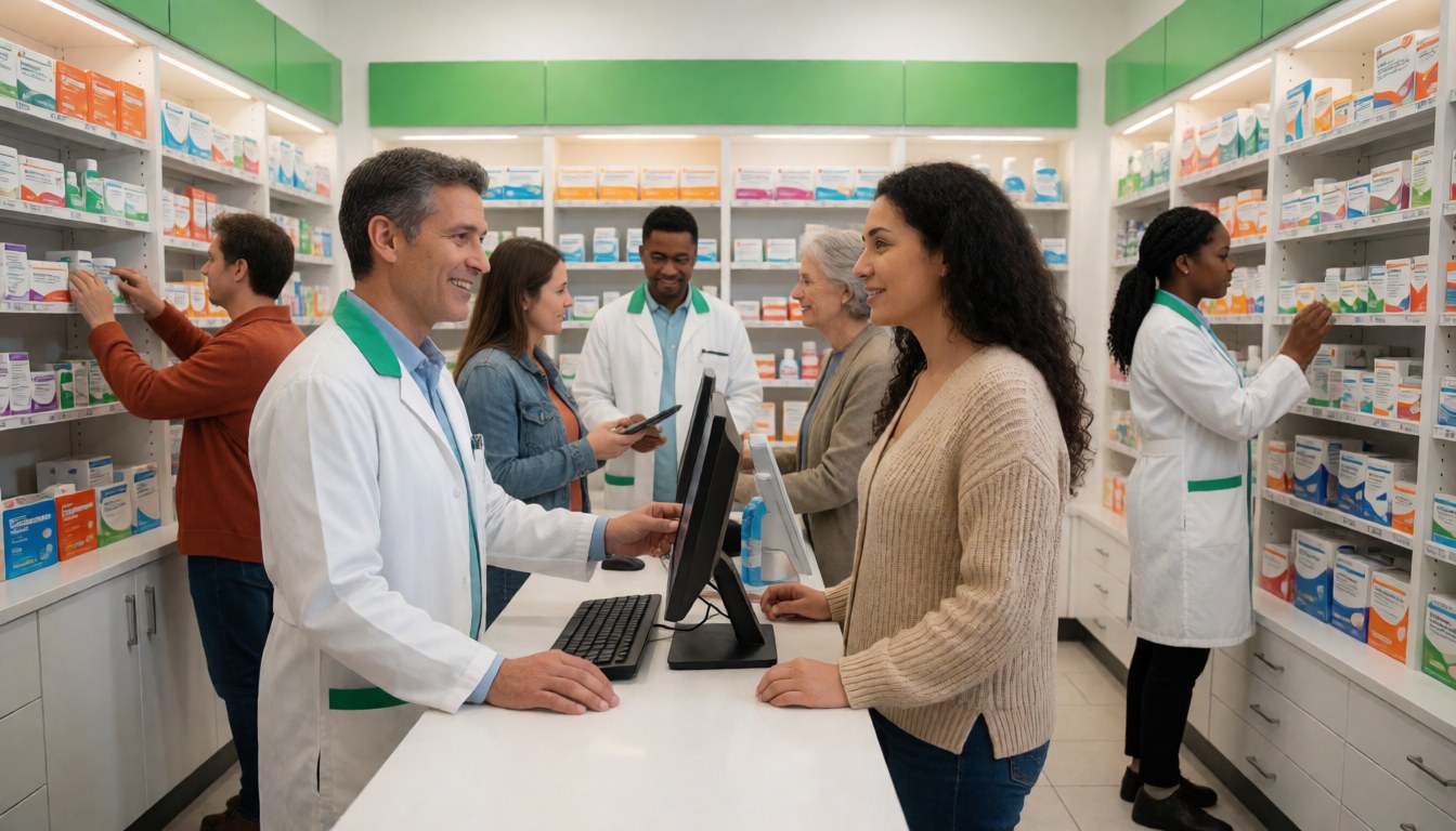 Pharmacists assisting clients in a clean, organized pharmacy with shelves of medication visible in the background