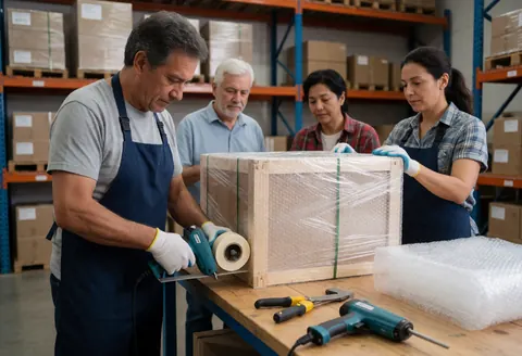 Moving team packing a box with tape and bubble wrap in a warehouse with tools and packages in the background