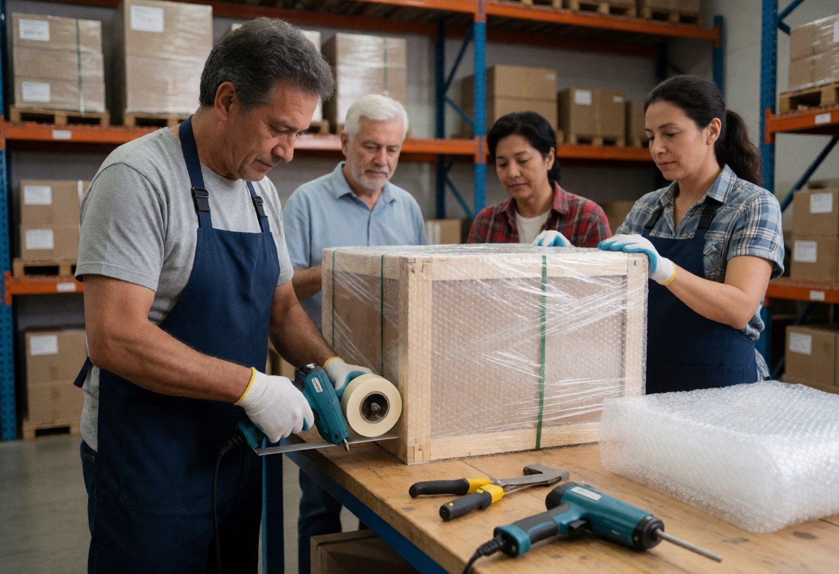 Moving team packing a box with tape and bubble wrap in a warehouse with tools and packages in the background