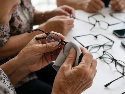 Close-up of older hands carefully wiping eyeglasses with a microfiber cloth on a table with other optical tools