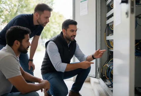 Technical agent explaining electrical equipment details to two clients in an industrial center with visible cables and panels