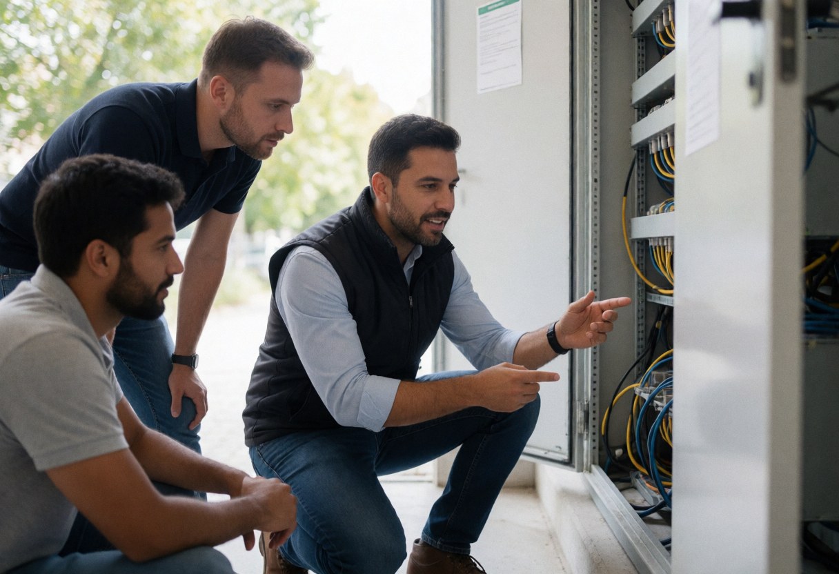 Technical agent explaining electrical equipment details to two clients in an industrial center with visible cables and panels
