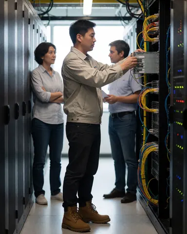 Technician installs server hardware in a data center while two colleagues observe the equipment and cables closely.