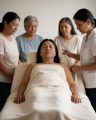 A smiling older woman with closed eyes relaxes during a massage in a warm, peaceful spa setting with other clients nearby