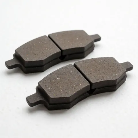 New dark gray brake pads displayed on a clean white background, ideal for auto repair shop product catalogs
