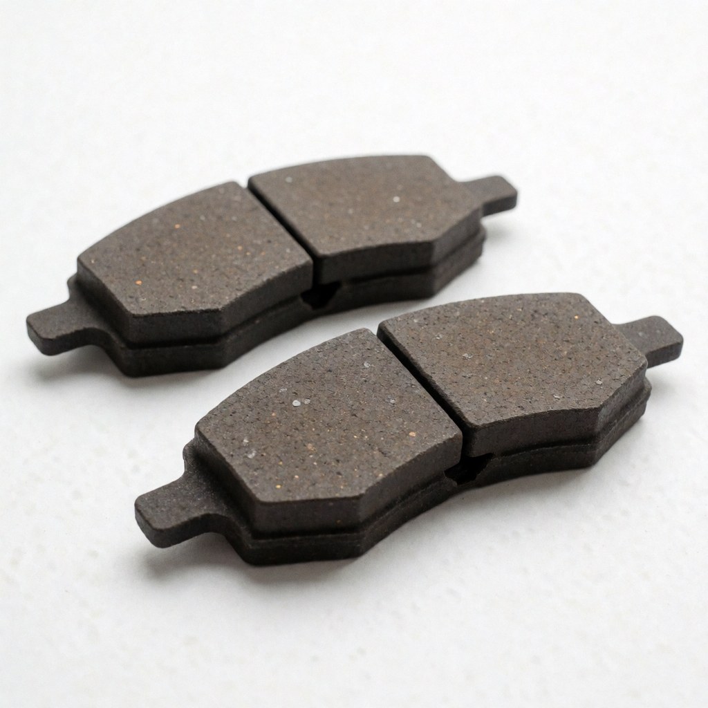 New dark gray brake pads displayed on a clean white background, ideal for auto repair shop product catalogs