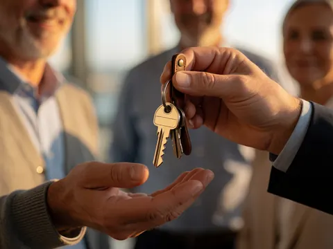 Close-up of a hand handing property keys to a client in an office setting with warm lighting