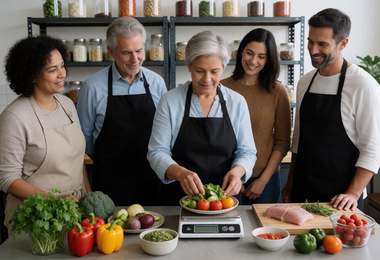 A nutritionist uses a digital scale while a group of adults prepares healthy meals with vegetables and protein in a kitchen workspace.