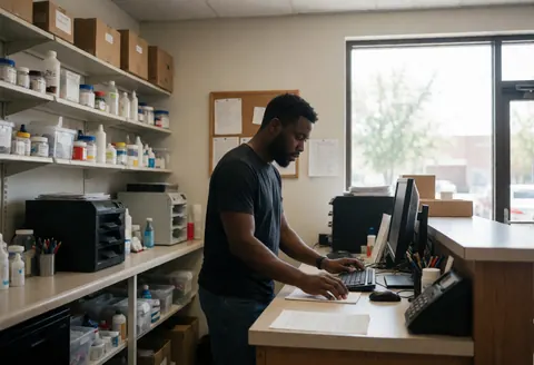 A black entrepreneur works at his desk in an office surrounded by shelves stocked with supplies and equipment, illuminated by natural light from a window.