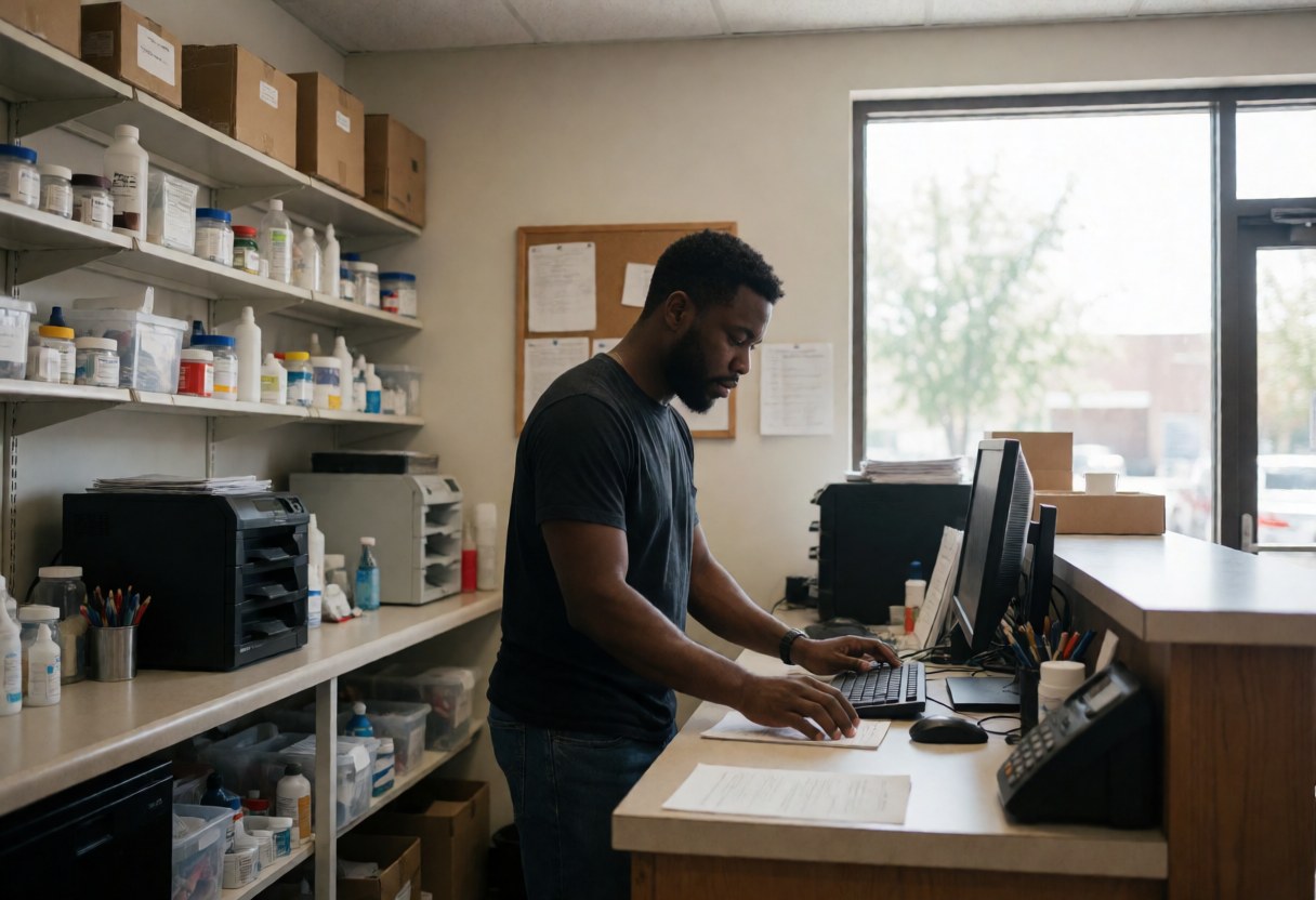 A black entrepreneur works at his desk in an office surrounded by shelves stocked with supplies and equipment, illuminated by natural light from a window.