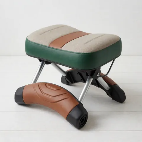 Close-up view of a beige and brown gardening kneeler featuring a padded seat, placed on a white wooden floor for landscaping and gardening tasks