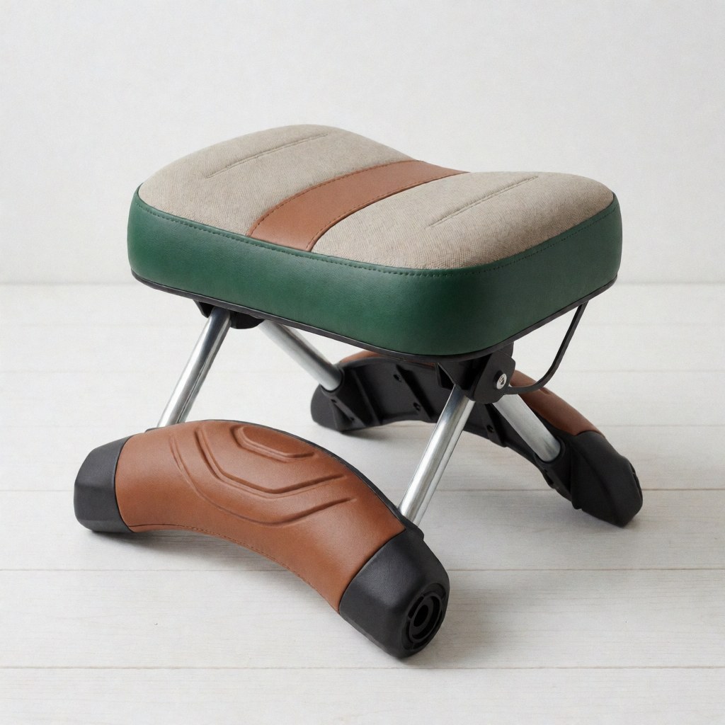 Close-up view of a beige and brown gardening kneeler featuring a padded seat, placed on a white wooden floor for landscaping and gardening tasks