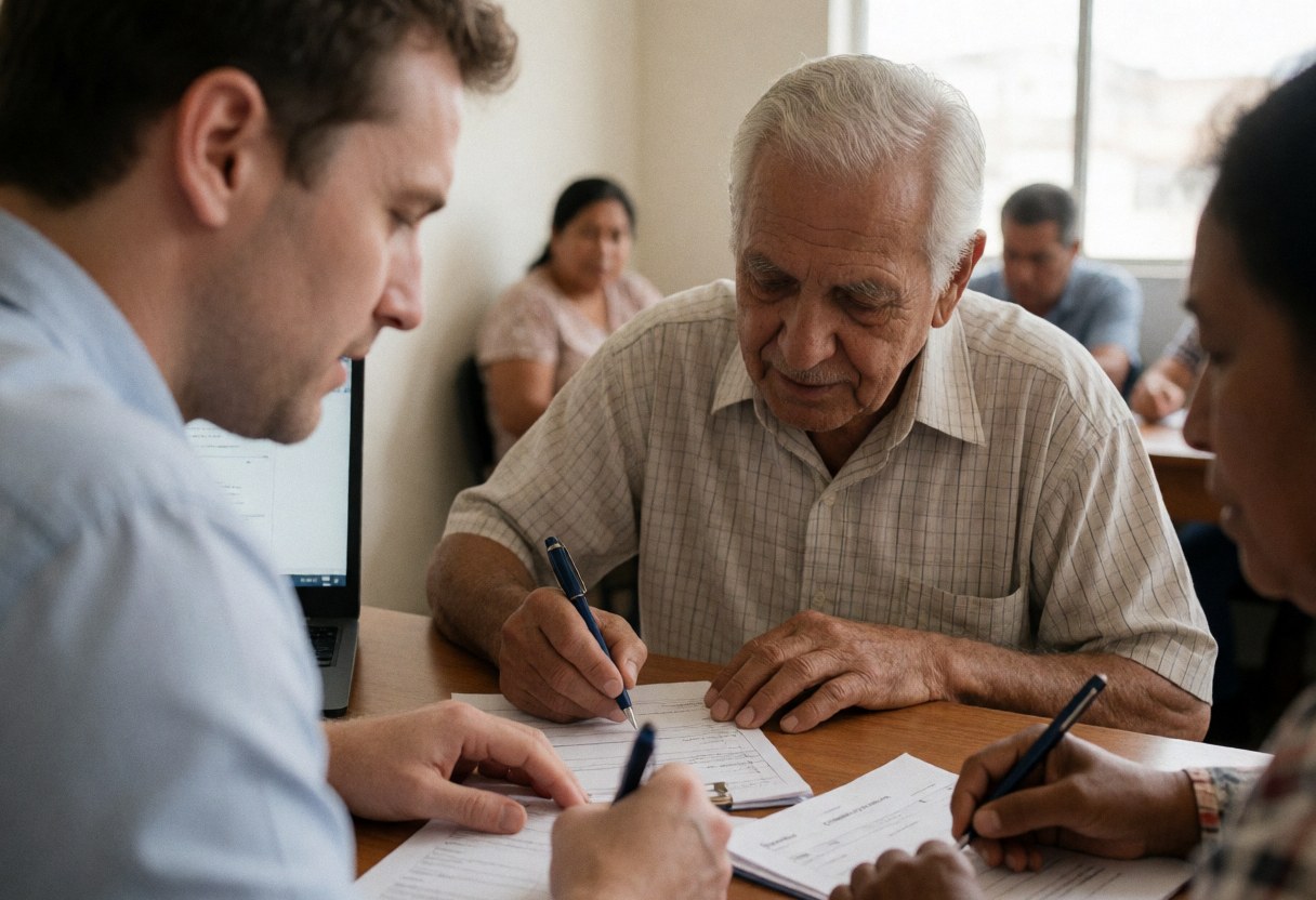 Volunteer helps an elderly client complete paperwork at a community service desk while other staff work in the background