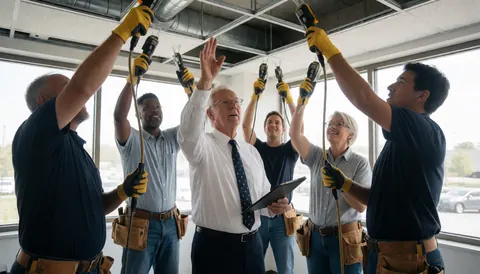 Professional electricians and supervisors working together on a commercial building ceiling with tools in a dynamic work environment