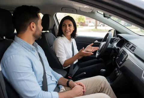 Female driving instructor gesturing while explaining driving concepts to a client seated in the passenger seat of a vehicle