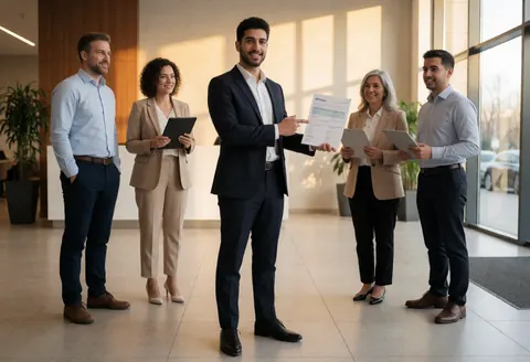 Professional insurance agent in a modern office presenting an insurance policy document to clients in a bright environment